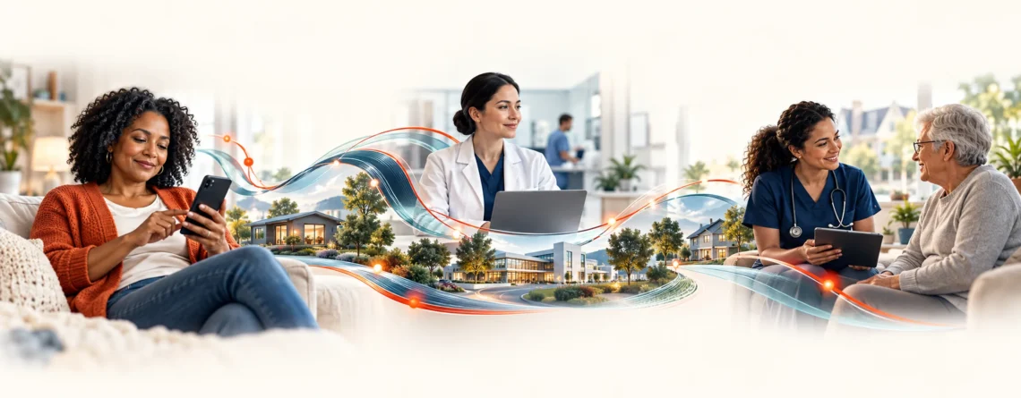 Connected decentralized clinical trial activities across a participant home, a trial site and a community care setting.