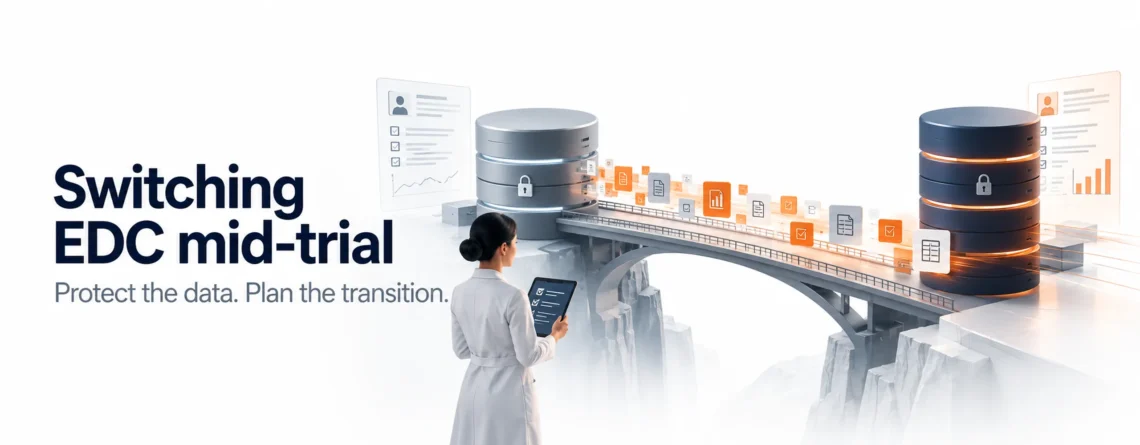 Two clinical databases linked by a controlled bridge of records during an EDC transition.