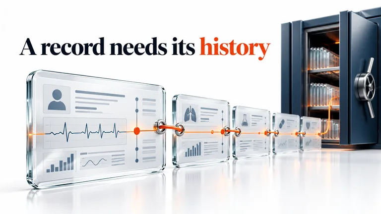 Clinical record cards connected to a secure archive by an unbroken orange thread.
