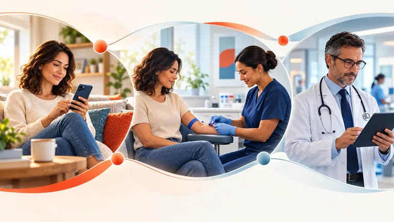Illustration of a participant reporting at home, receiving a local procedure and being reviewed by a trial investigator.