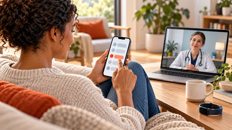 Participant completing a symptom diary on a smartphone beside a laptop showing a remote clinician.