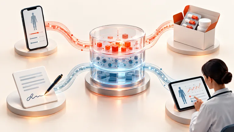 Conceptual clinical data hub connected to a smartphone, consent document, supply box and investigator tablet.