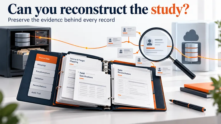 Organised migration evidence folder with mappings, reconciliation and audit trail records.
